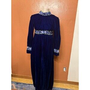 Vintage 1970s Velvet Maxi Dress With Floral Embroidery